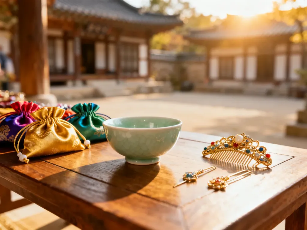 Tradycyjne koreańskie pamiątki: ceramiczna czarka, jedwabne woreczki i ozdoby do włosów na tle dziedzińca hanok.