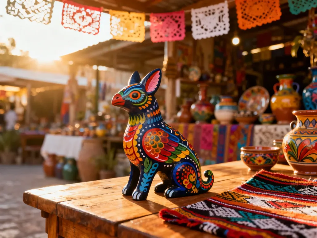 Ręcznie malowana figurka alebrije i tradycyjna tkanina na tle słonecznego meksykańskiego targu z kolorową ceramiką.