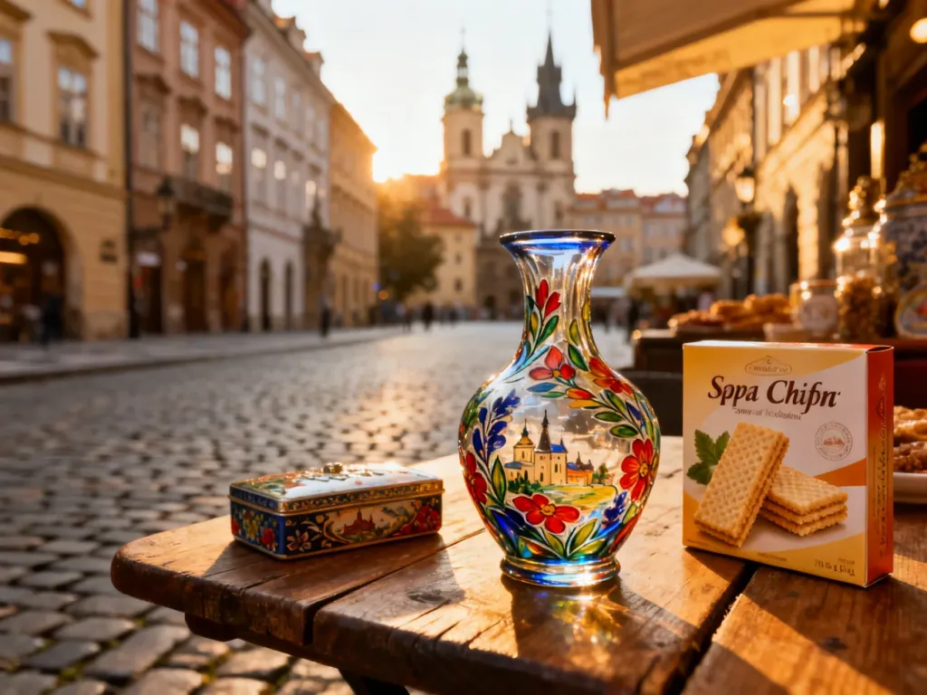 Tradycyjne czeskie pamiątki, w tym wazon z czeskiego szkła i wafle uzdrowiskowe, na tle praskiej uliczki.