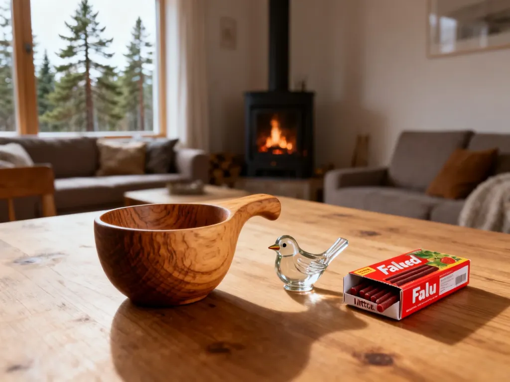 Tradycyjne fińskie pamiątki: drewniany kubek Kuksa, szklana figurka ptaka Iittala oraz lukrecja na drewnianym stole.