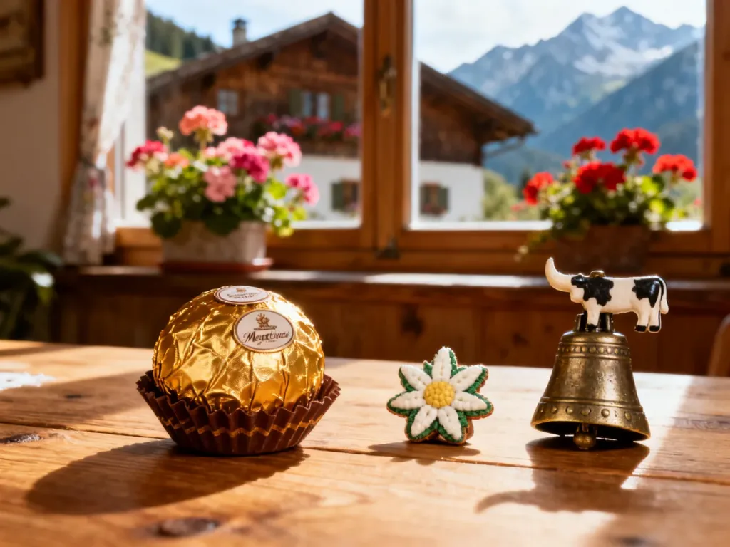 Tradycyjne austriackie pamiątki: czekoladka Mozartkugel, ozdoba z szarotką i dzwonek na tle alpejskiego krajobrazu.