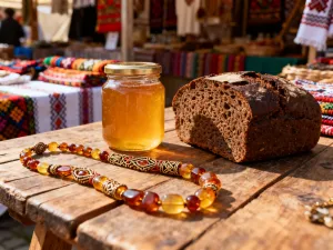 Tradycyjne austriackie pamiątki: czekoladka Mozartkugel, ozdoba z szarotką i dzwonek na tle alpejskiego krajobrazu.